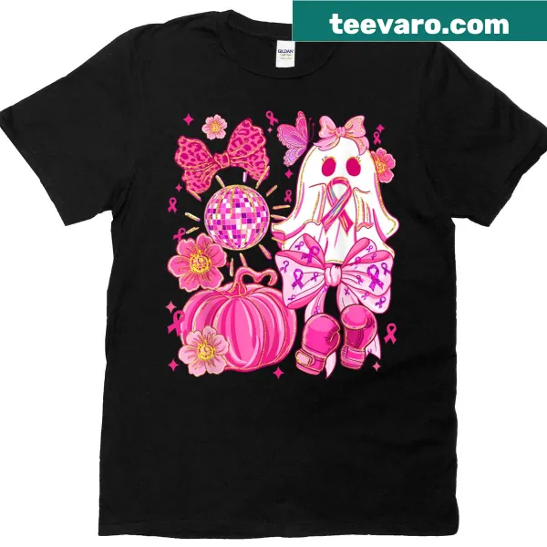 Halloween t-shirt with ghost and pink ribbon for breast cancer awareness