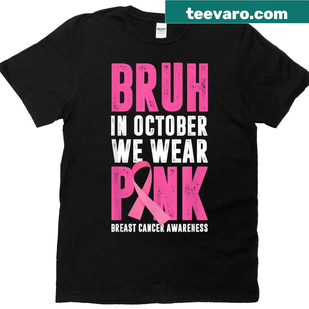 Breast cancer awareness T-shirt with the phrase 'In October We Wear Pink' — on a men's t-shirt