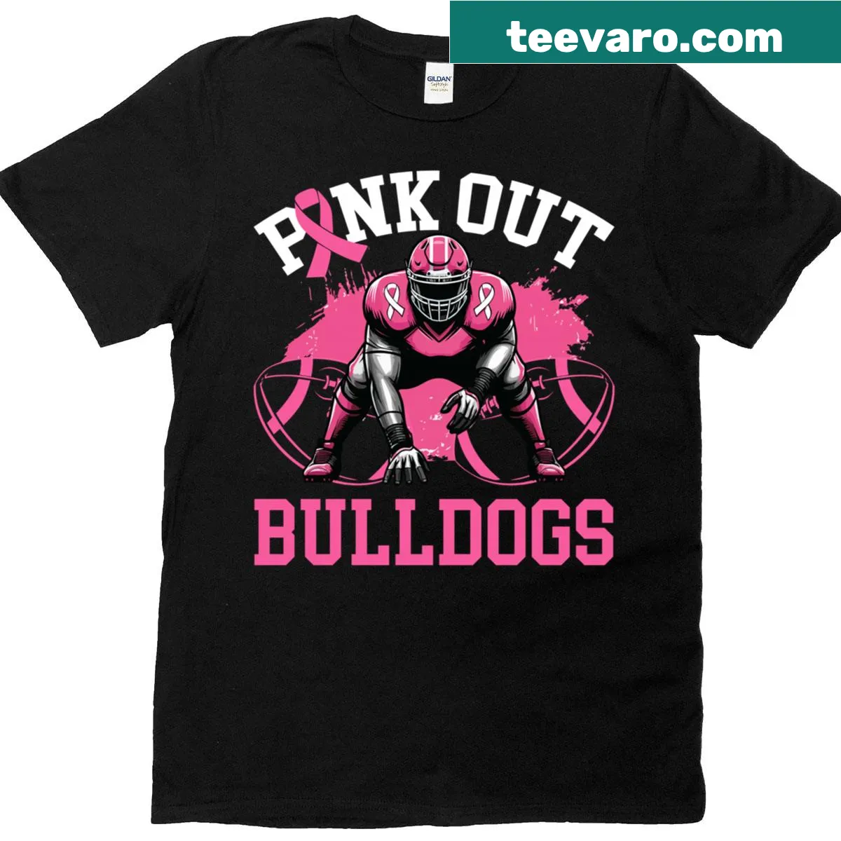 Retro bulldog design for Breast Cancer Awareness football T-shirt — on a men's t-shirt