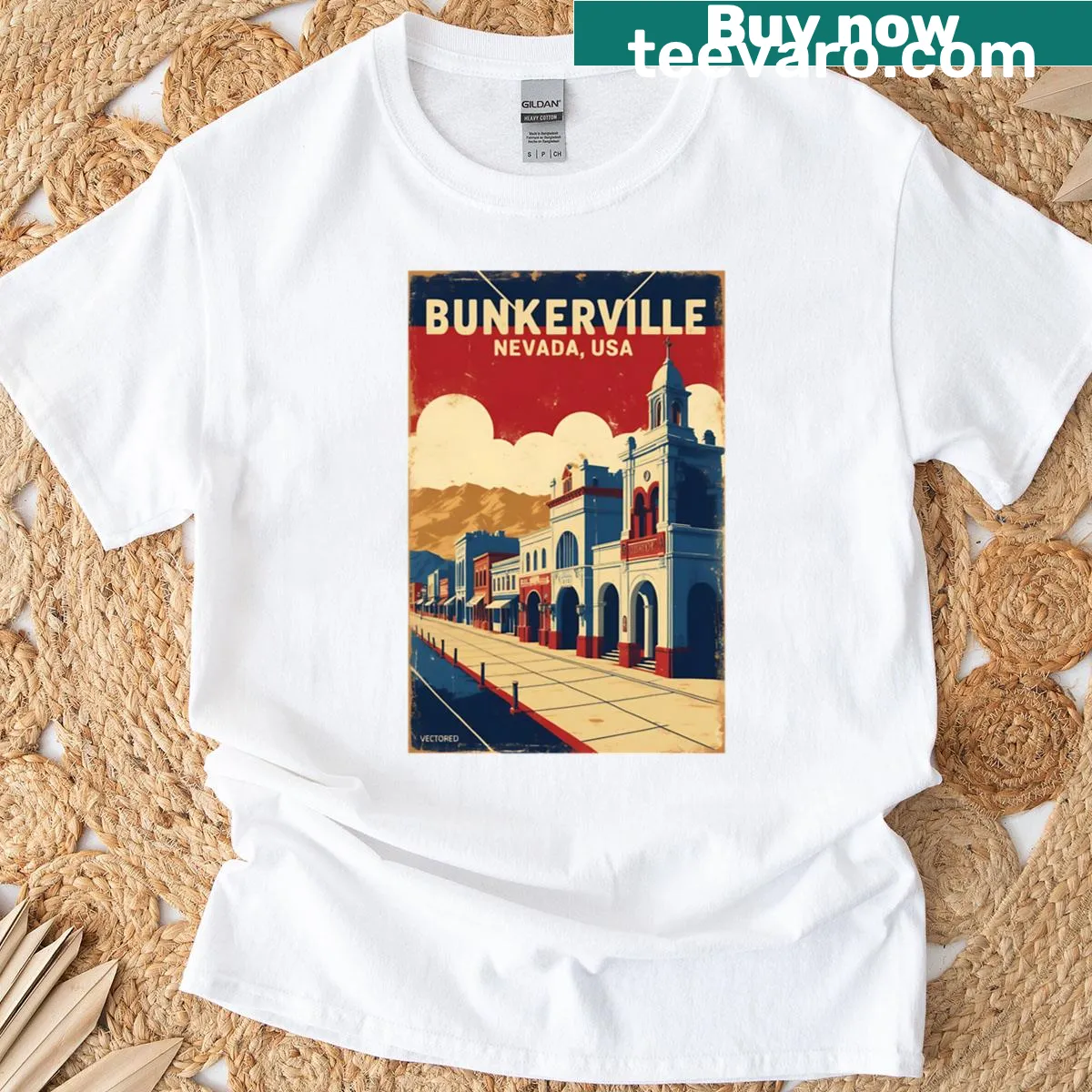 Vintage travel-themed oversized t-shirt featuring Bunkerville, Nevada — on a men's t-shirt
