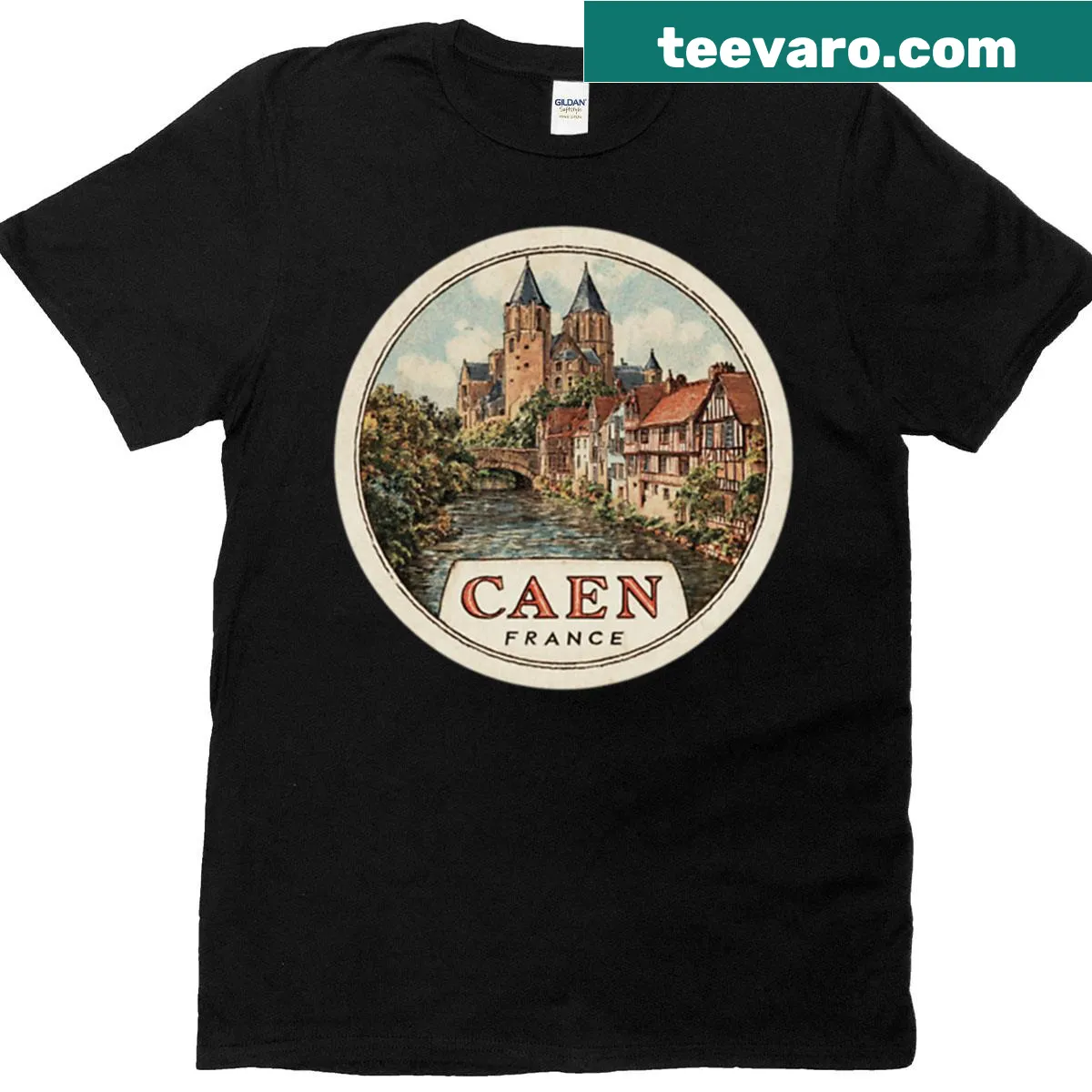 Vintage travel-themed T-shirt featuring Caen, France — on a men's t-shirt