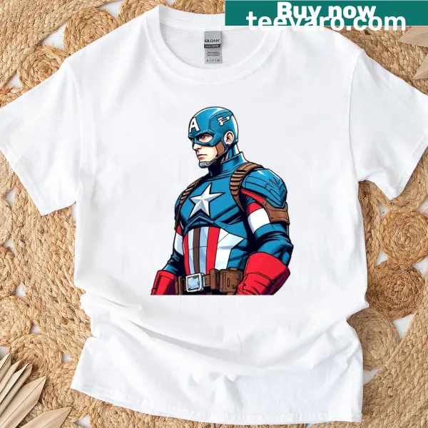 Illustration of Captain America in action on a children's T-shirt.