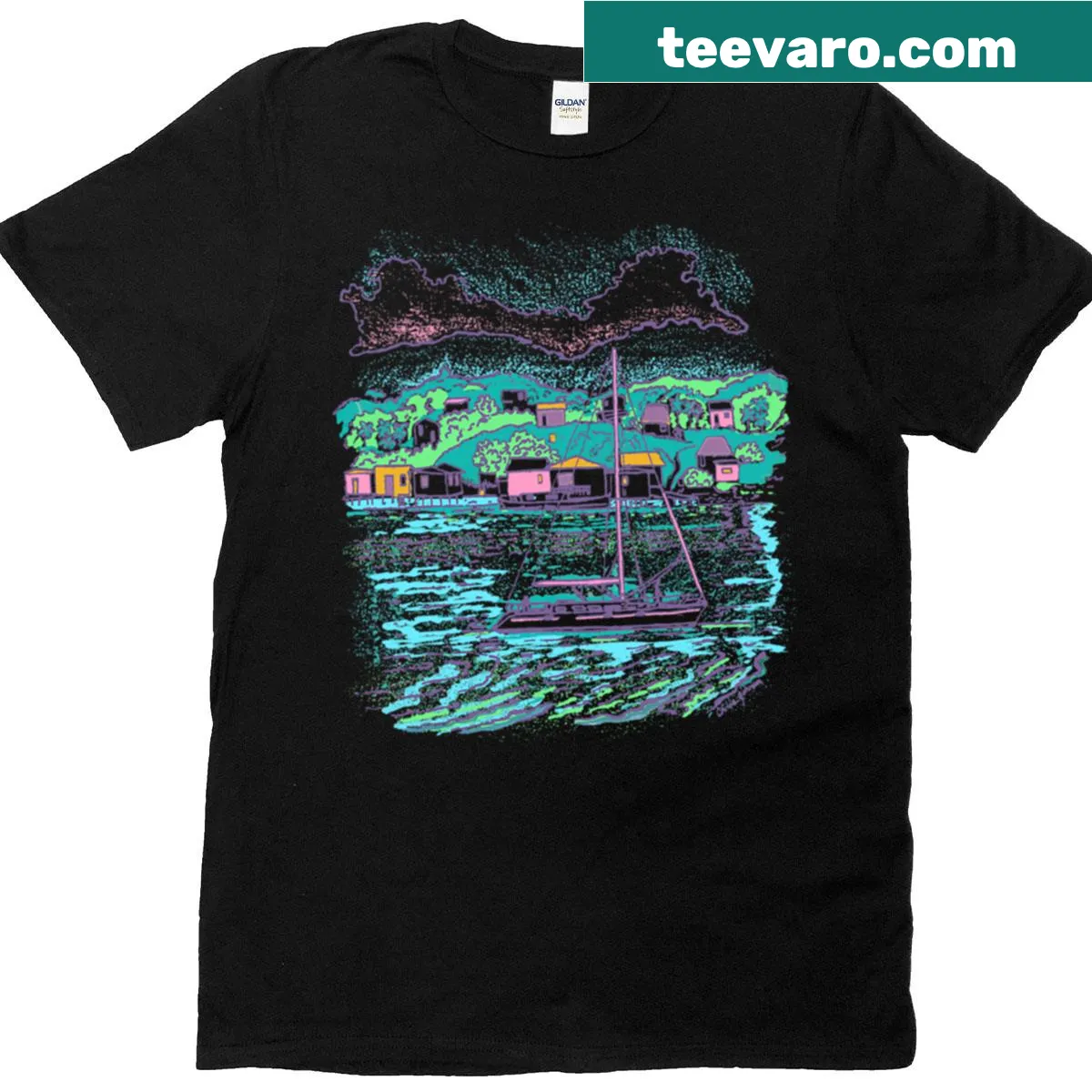 Illustration of a catamaran cruising in the bay — on a men's t-shirt