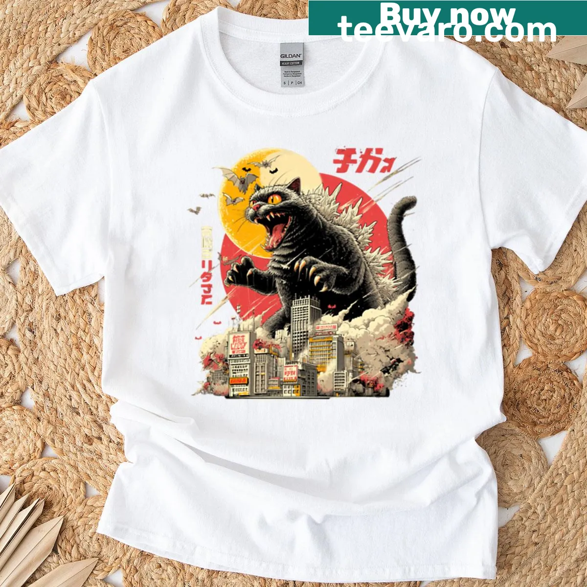 Oversized T-shirt with cartoon Catzilla design — on a men's t-shirt