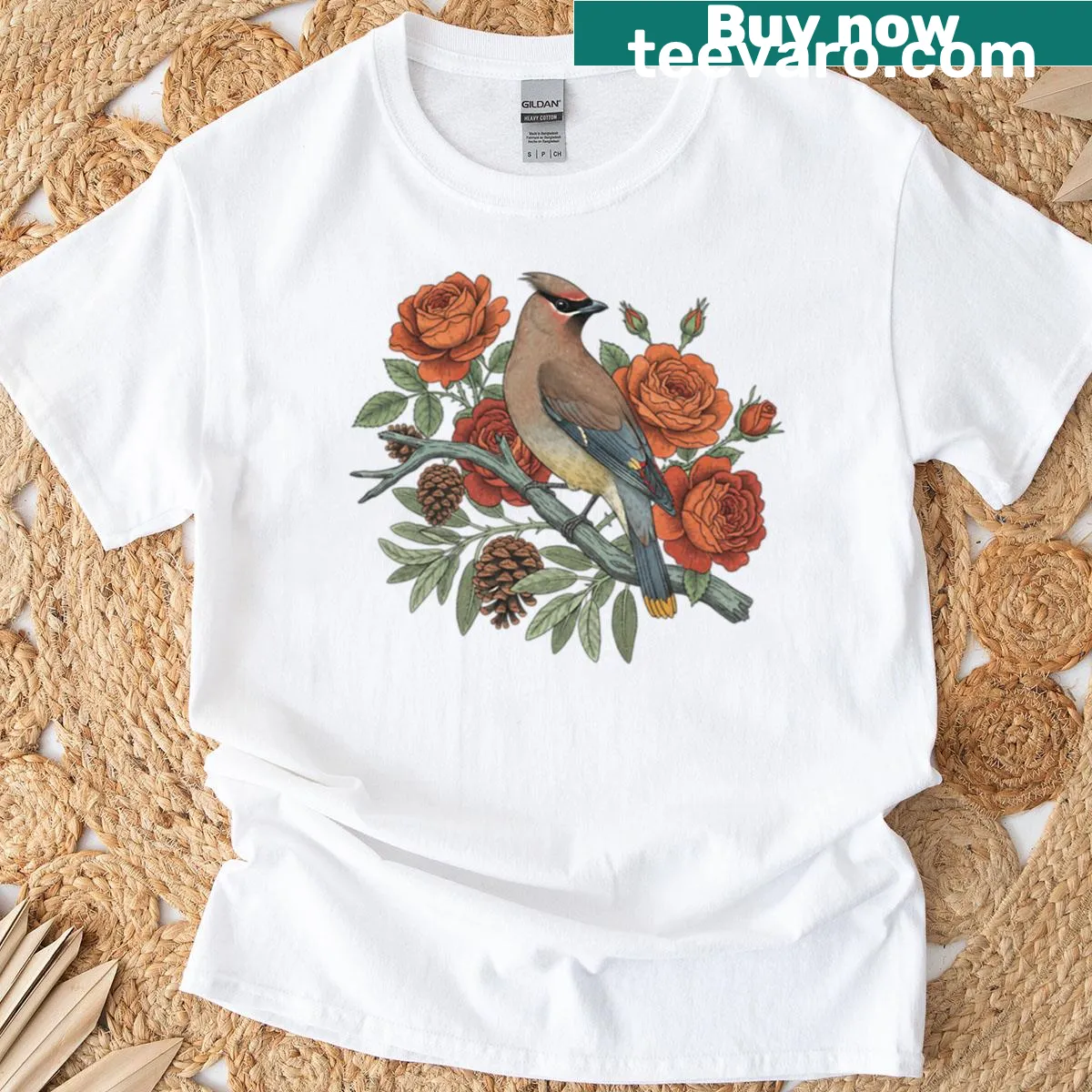 Illustration of a Cedar Waxwing on a rose branch on an oversized tee — on a men's t-shirt