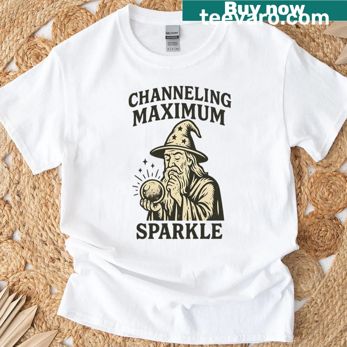 Oversized T-shirt with vintage wizard and crystal ball design — on a men's t-shirt