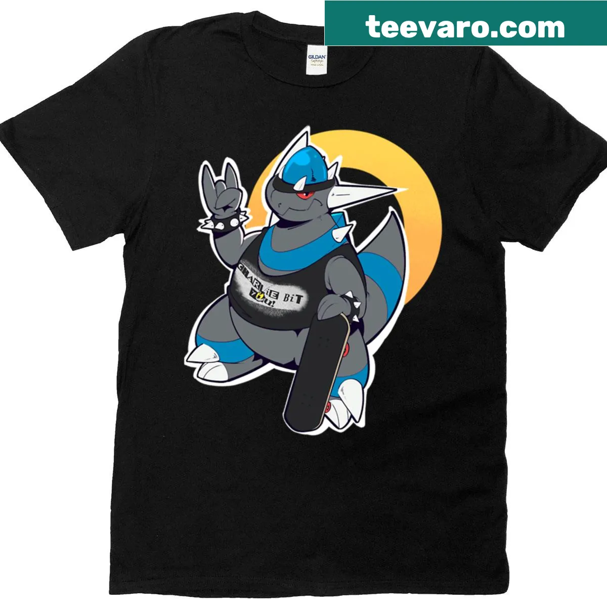 Playful illustration of a dinosaur skateboarder in a punk style. — on a men's t-shirt