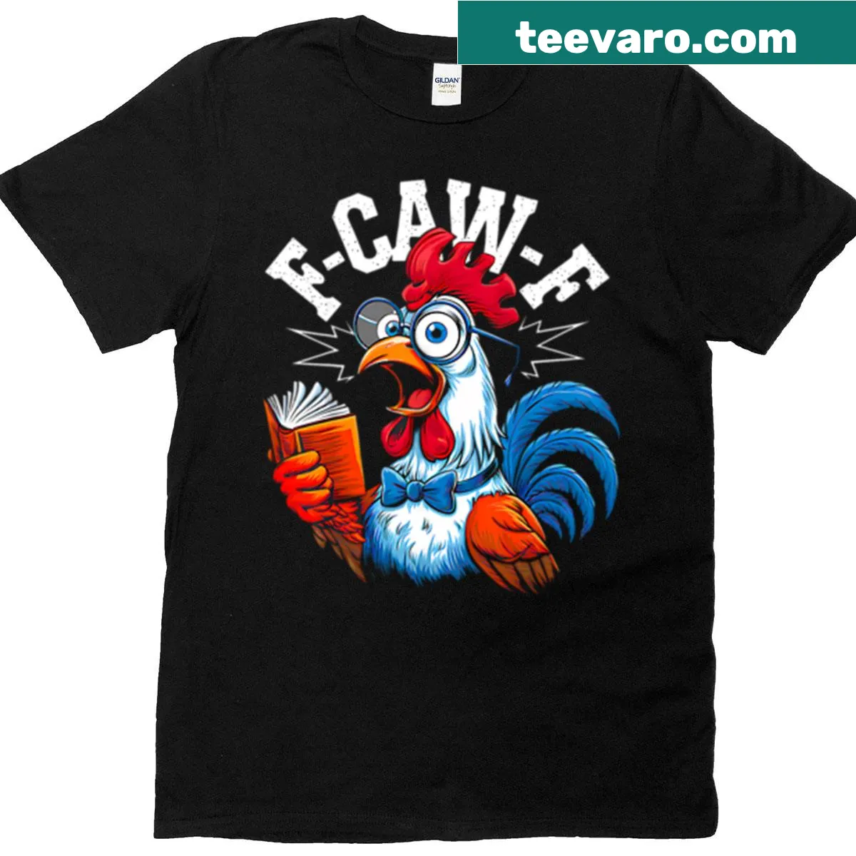 Cartoon rooster reading a book with humorous elements — on a men's t-shirt