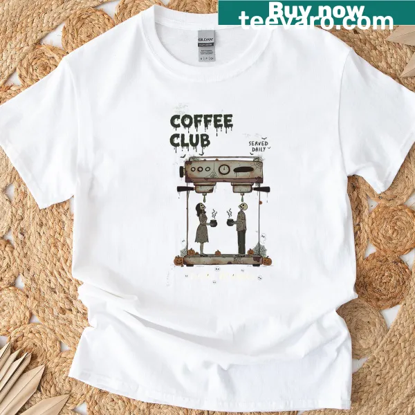 Spooky skeleton barista graphic on coffee-themed T-shirt