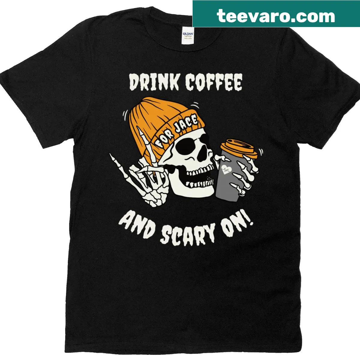 Coffee-themed T-shirt with Halloween design for CHD awareness — on a men's t-shirt