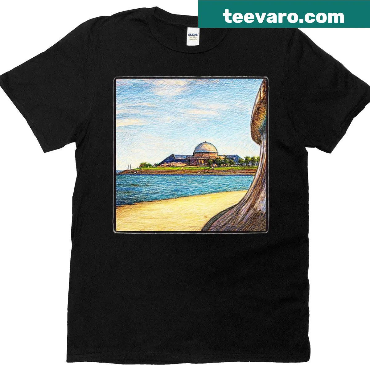 Artistic sketch of the Chicago Planetarium on an oversized t-shirt — on a men's t-shirt