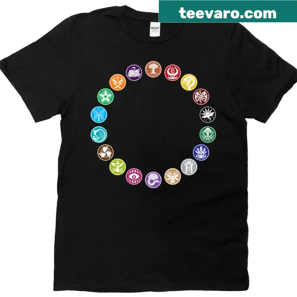 T-shirt featuring various abstract symbols with no text