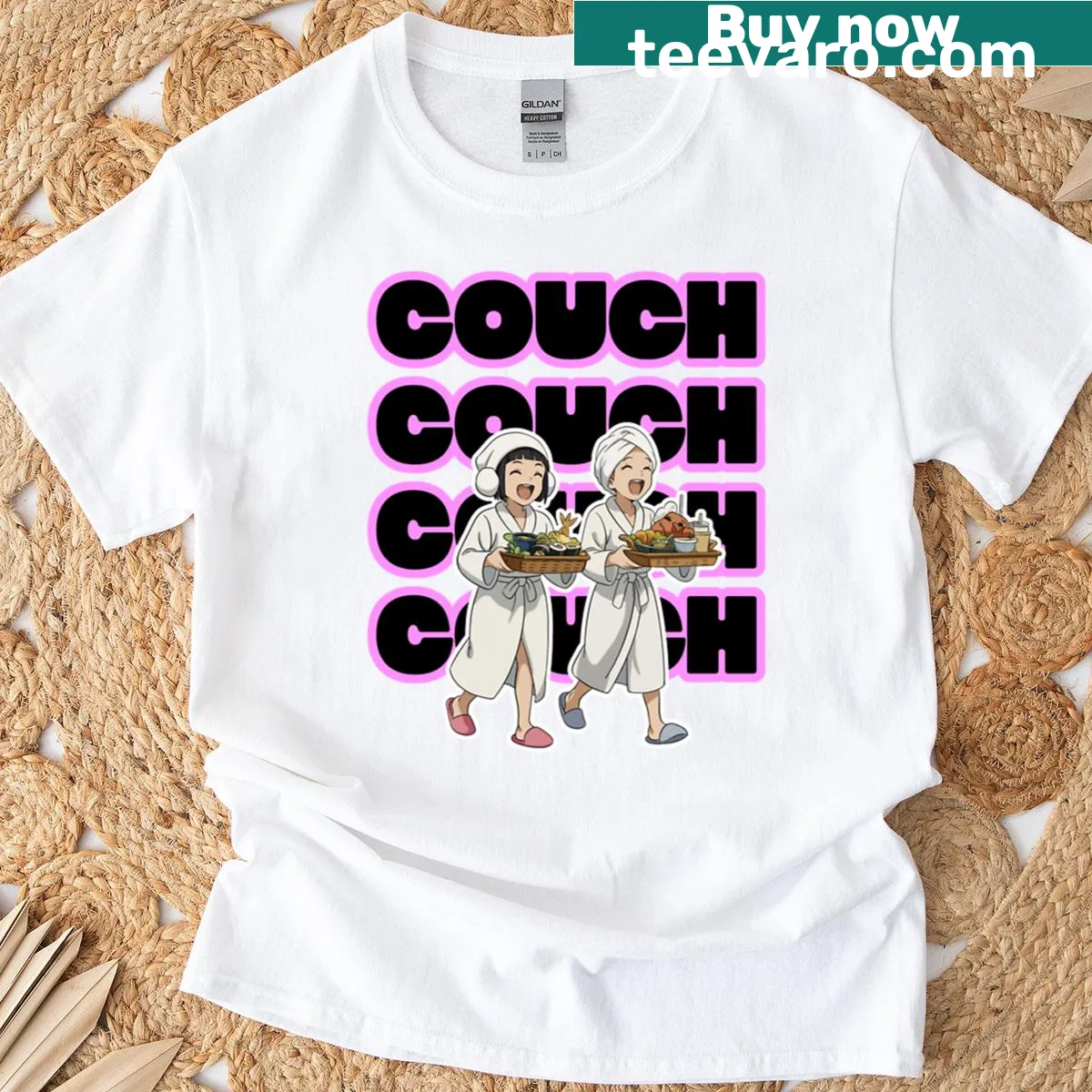 Cartoon graphic T-shirt with Couch Couch Couch text — on a men's t-shirt