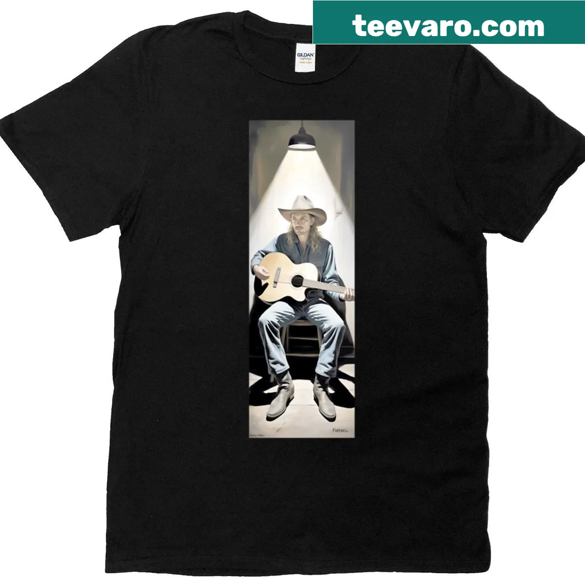 Illustration honoring a cowboy guitarist in oversized style — on a men's t-shirt