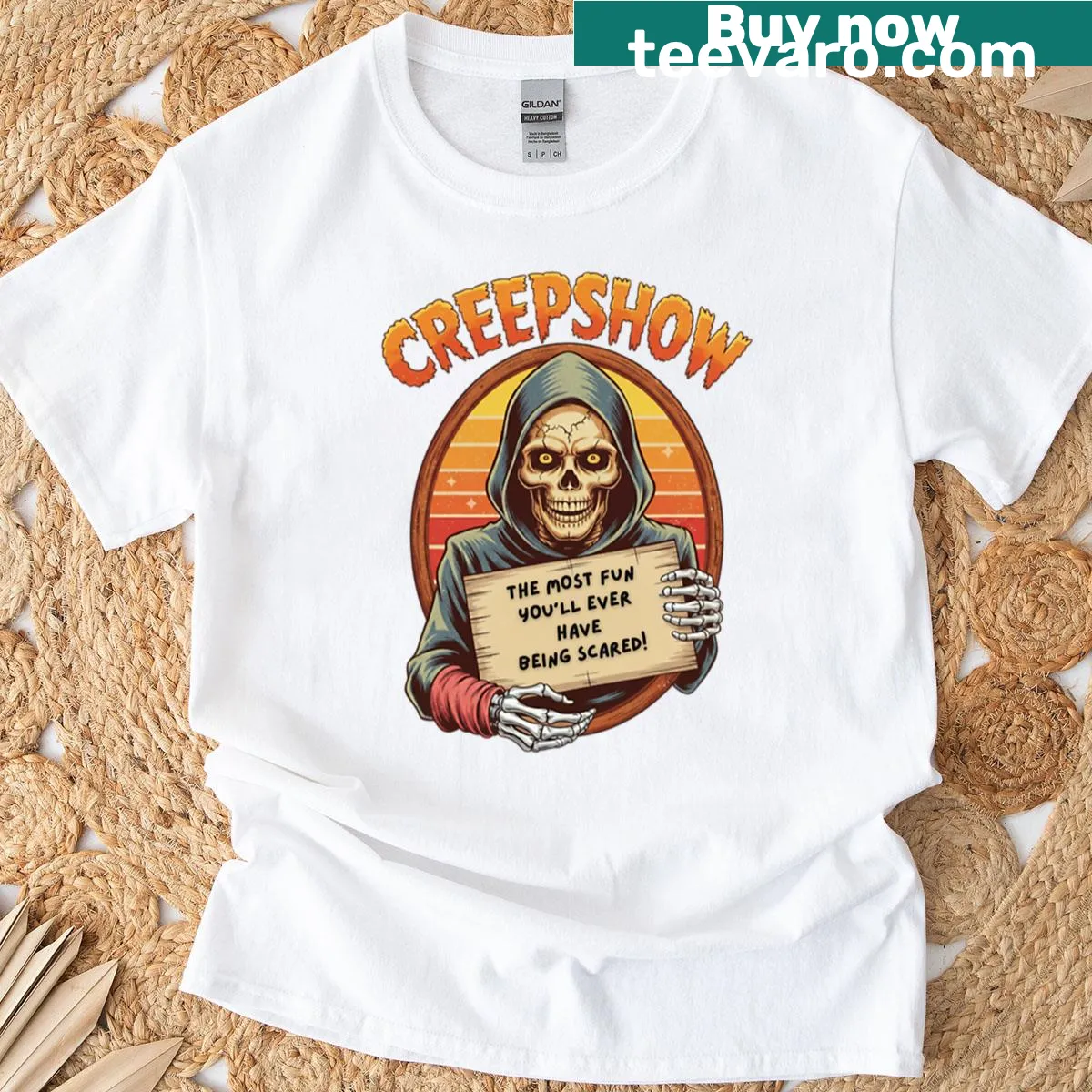 Oversized T-shirt with retro skeleton and sunset design — on a men's t-shirt
