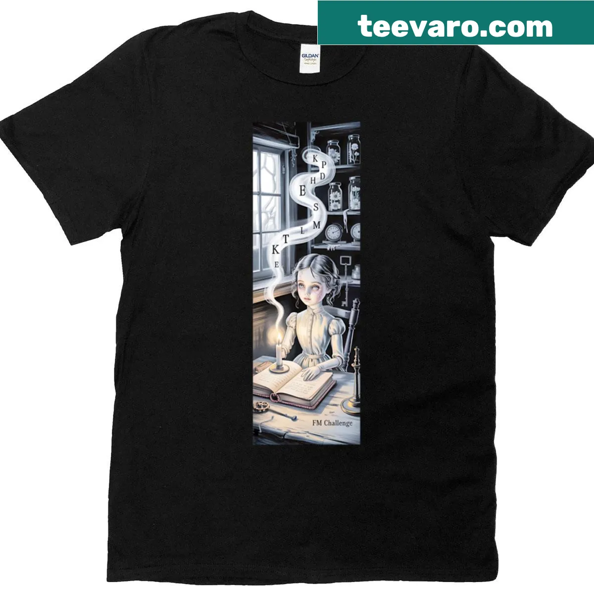 Gothic art t-shirt featuring a creepy doll reading by candlelight — on a men's t-shirt