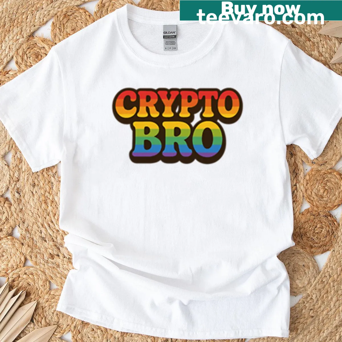Retro-style t-shirt with colorful crypto-themed typography — on a men's t-shirt