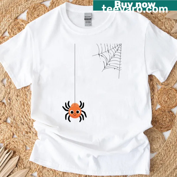 Cute cartoon spider and web graphic on Halloween T-shirt