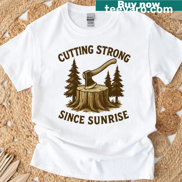 Retro design T-shirt with an axe and tree stump illustration