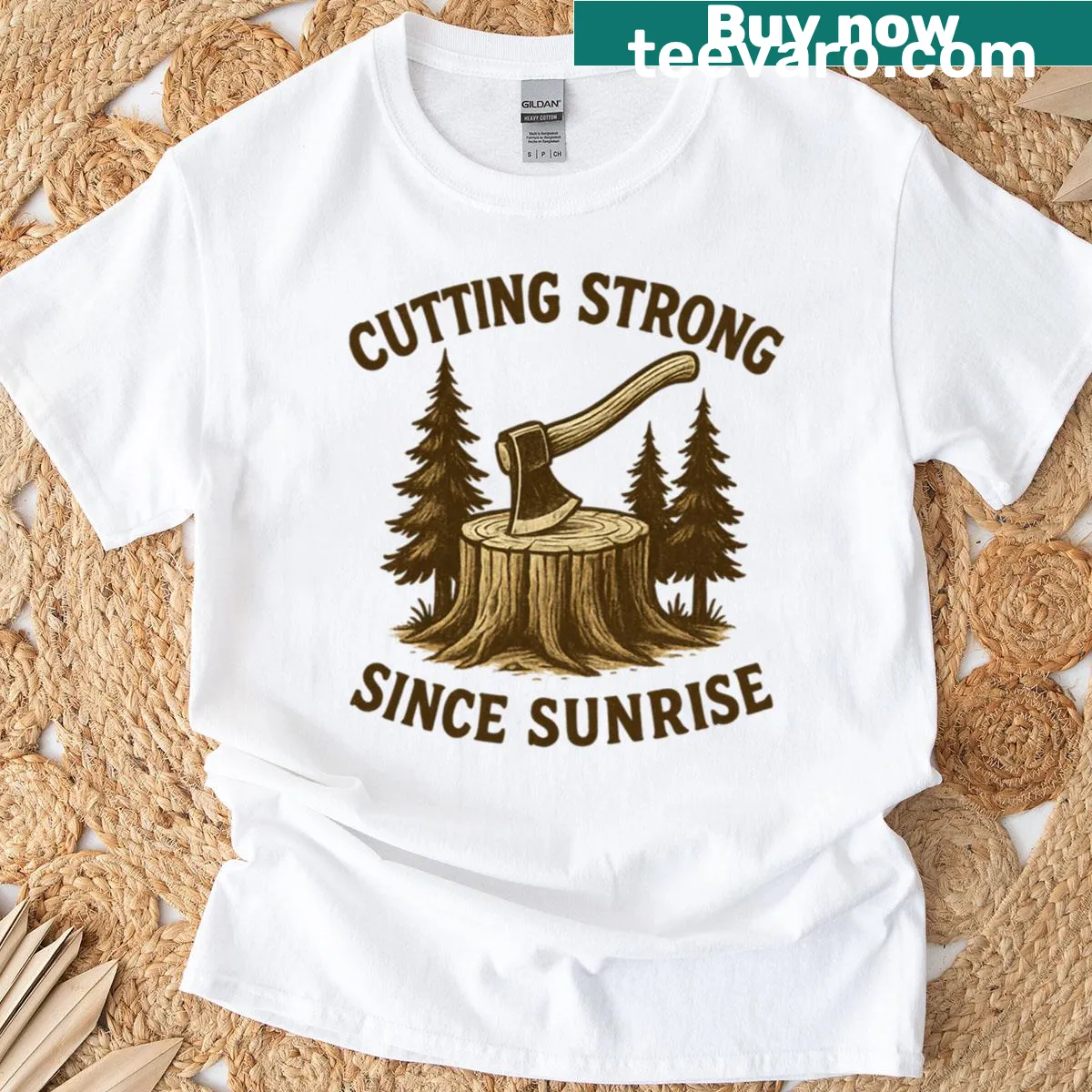 Retro design T-shirt with an axe and tree stump illustration — on a men's t-shirt