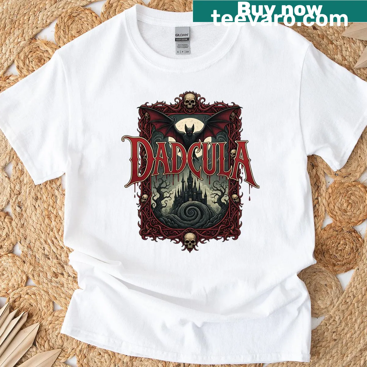 Funny Halloween t-shirt featuring a dad-themed Dracula graphic — on a men's t-shirt