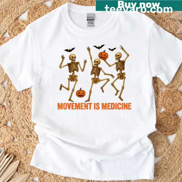 Cartoon dancing skeletons on T-shirt with the quote about movement