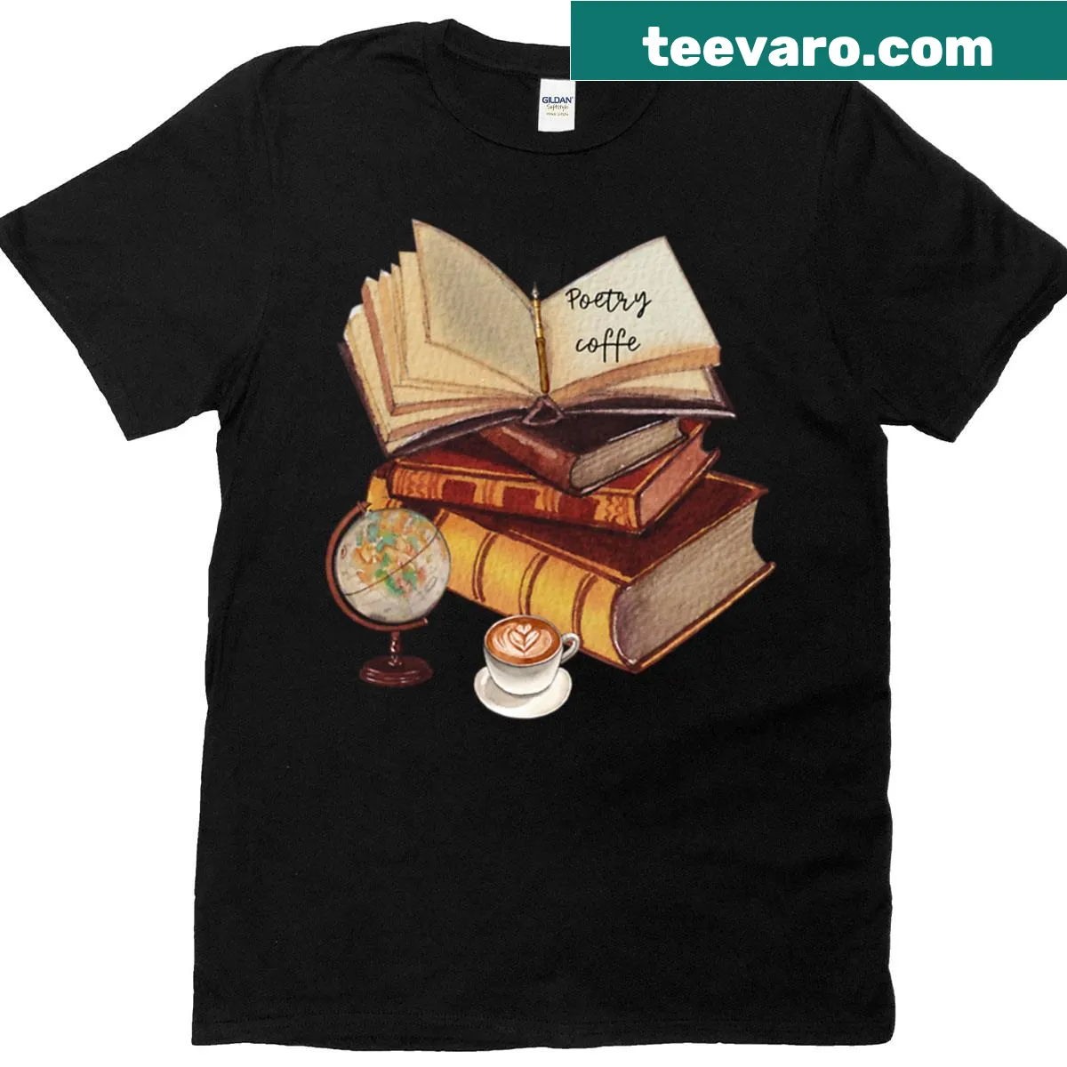 Illustration of coffee and quill on Dark Academia t-shirt — on a men's t-shirt