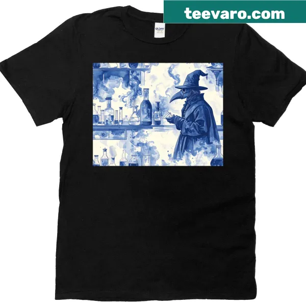 Illustration of a plague doctor on a historical-themed T-shirt