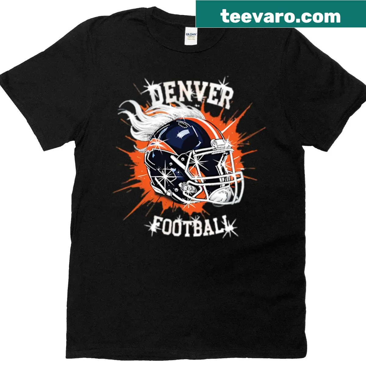 Stylish t-shirt with Denver Broncos logo in rhinestones — on a men's t-shirt
