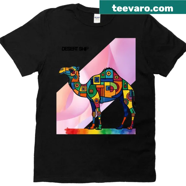 T-shirt featuring an illustration of a desert ship in a scenic landscape