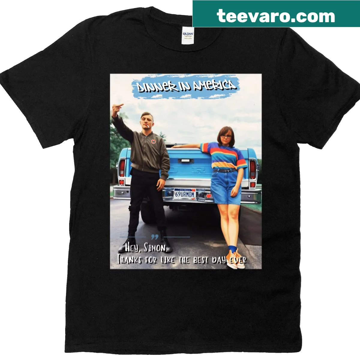 T-shirt featuring 'Dinner In America' with paint effect and stickers — on a men's t-shirt