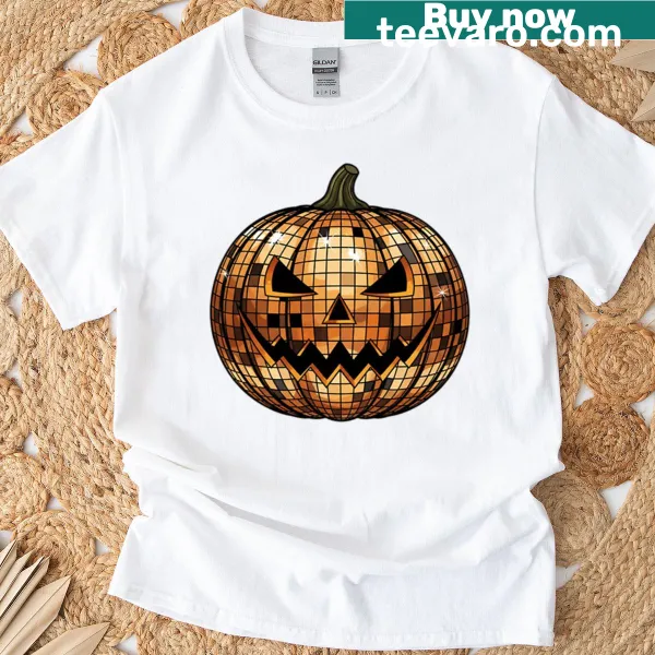 Cartoon pumpkin with a disco ball design for Halloween
