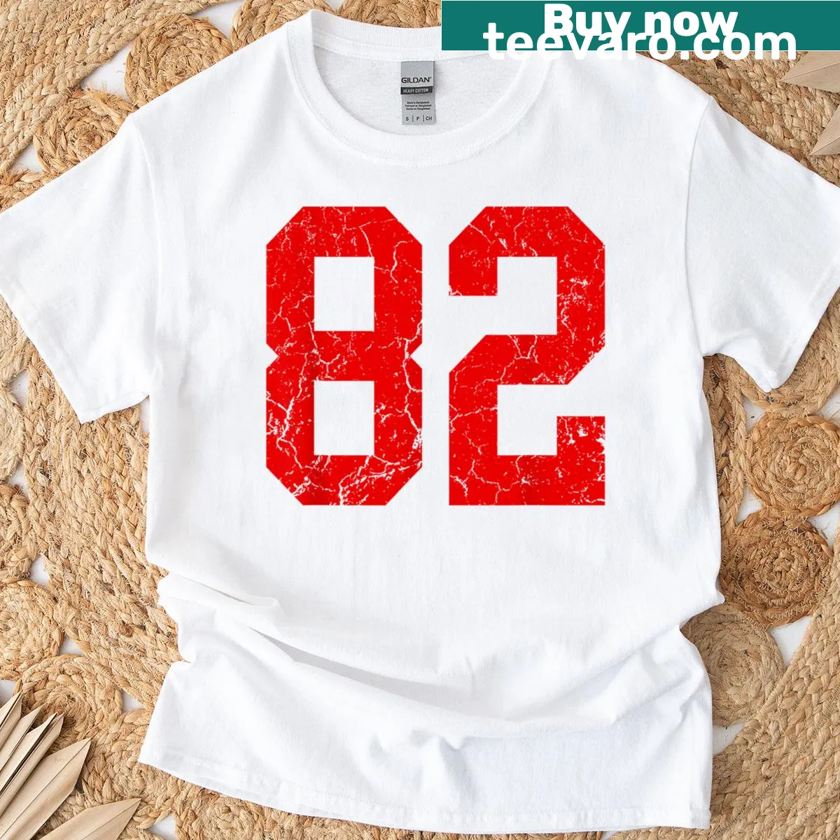 Distressed jersey-style T-shirt featuring the number 82 — on a men's t-shirt