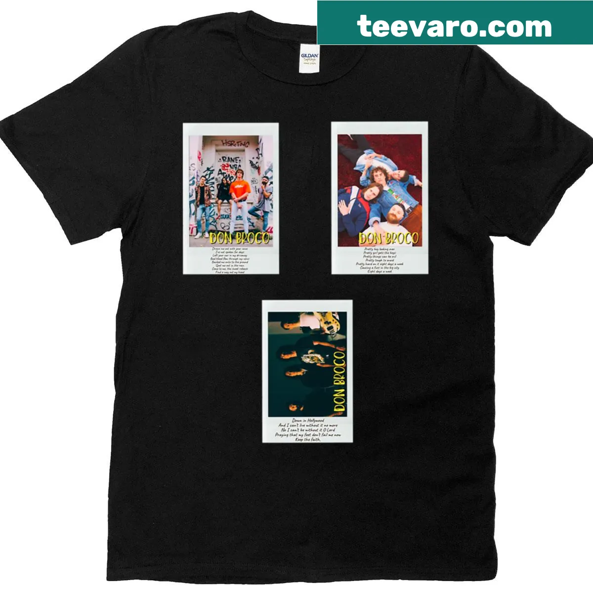 T-shirt design featuring playful illustrations from Don Broco sticker set — on a men's t-shirt