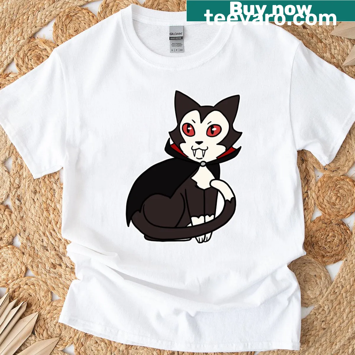 Cat dressed as Dracula with cape and fangs illustration — on a men's t-shirt