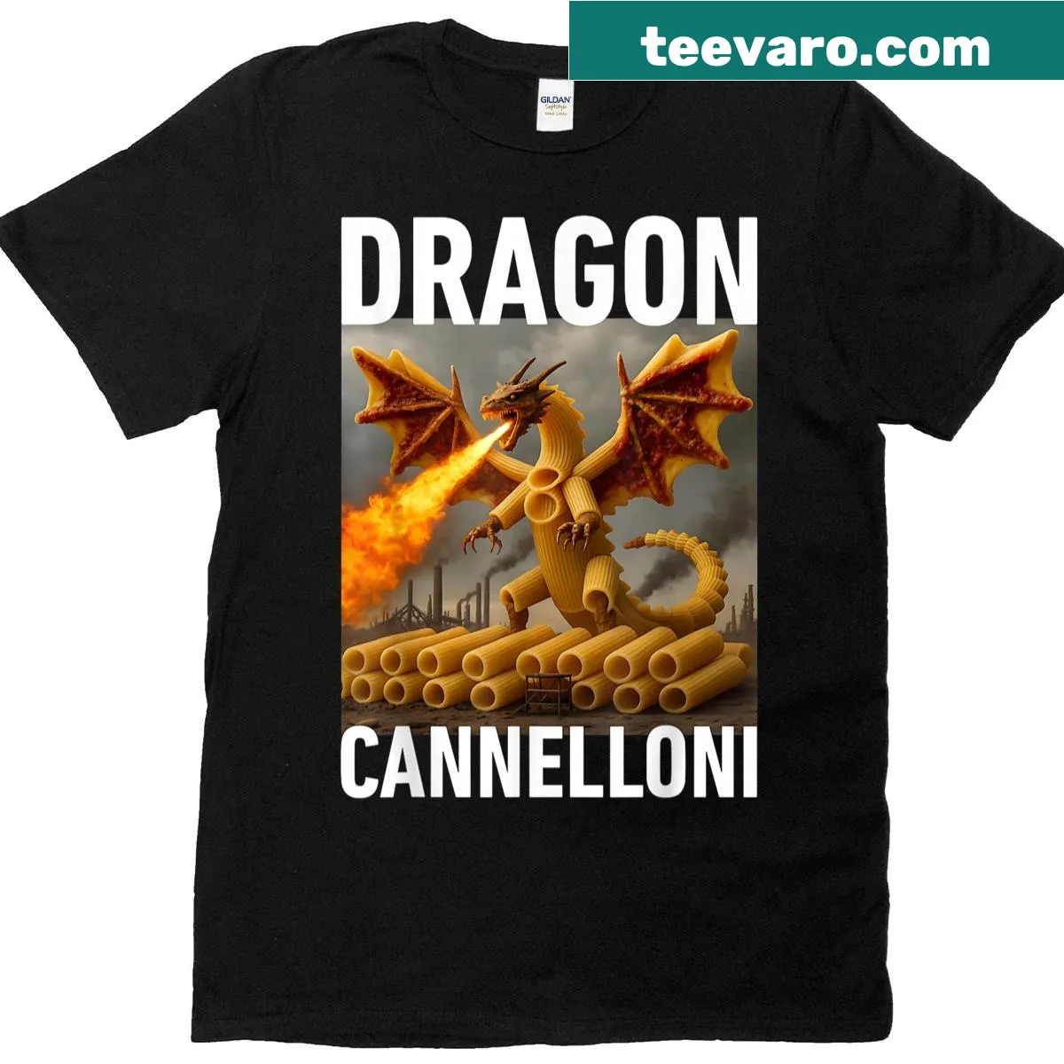 Cartoon dragon and cannelloni graphic on kids t-shirt — on a men's t-shirt