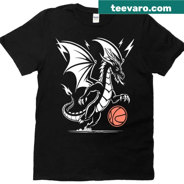 T-shirt with a dragon graphic above a basketball hoop.