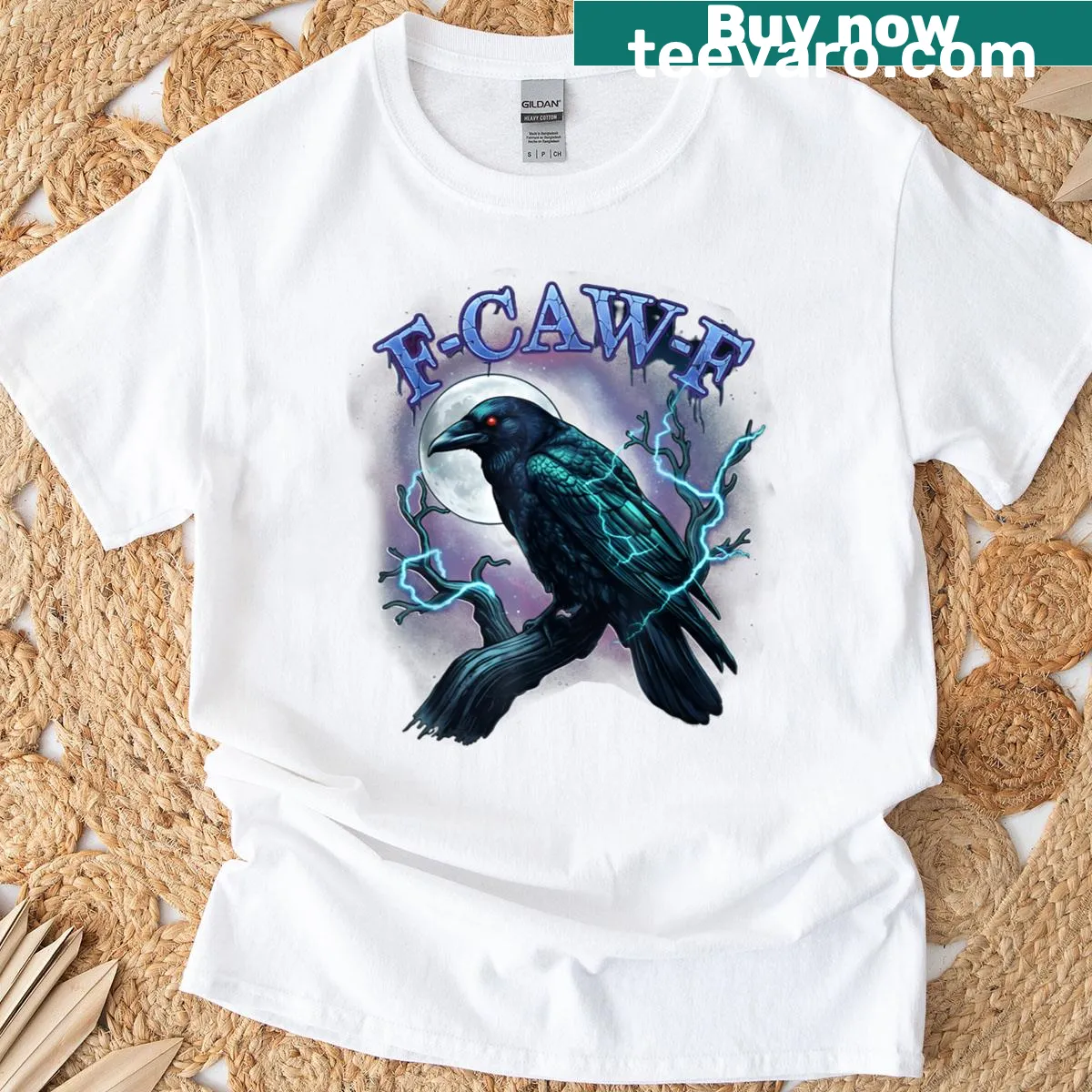 Electric raven illustration with a full moon on a t-shirt — on a men's t-shirt