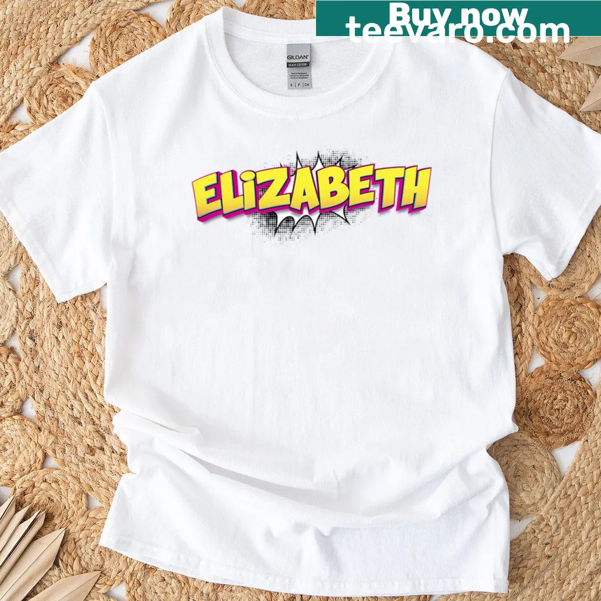 Comic book style fitted t-shirt with the name Elizabeth — on a men's t-shirt
