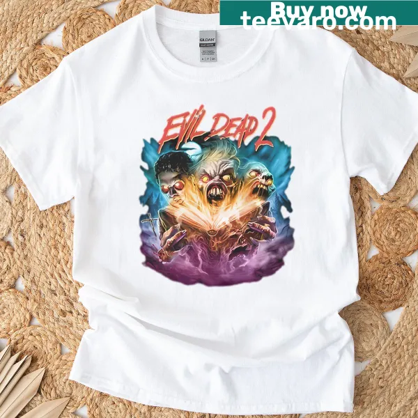Evil Dead 2 themed t-shirt featuring iconic horror imagery