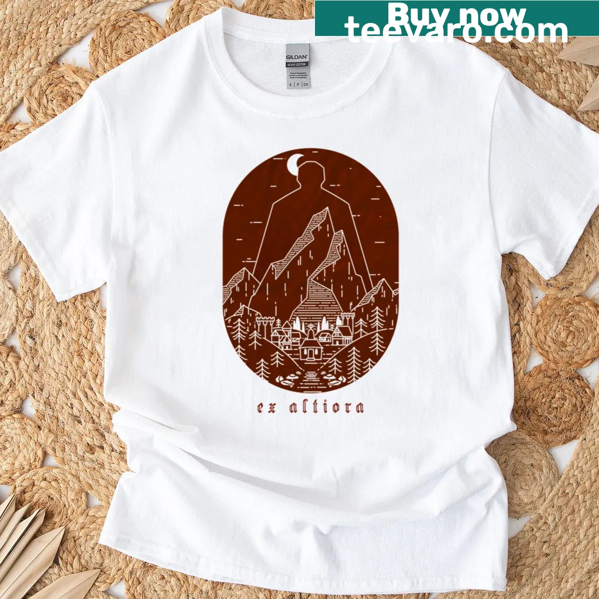 Inspirational Ex Altiora text on oversized t-shirt — on a men's t-shirt