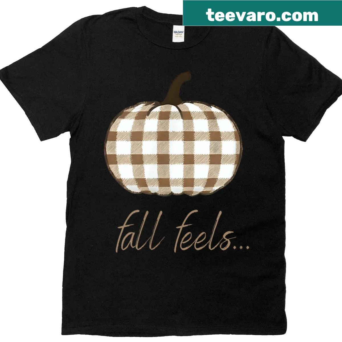 Vintage-style pumpkin graphic on a gingham background for Thanksgiving — on a men's t-shirt