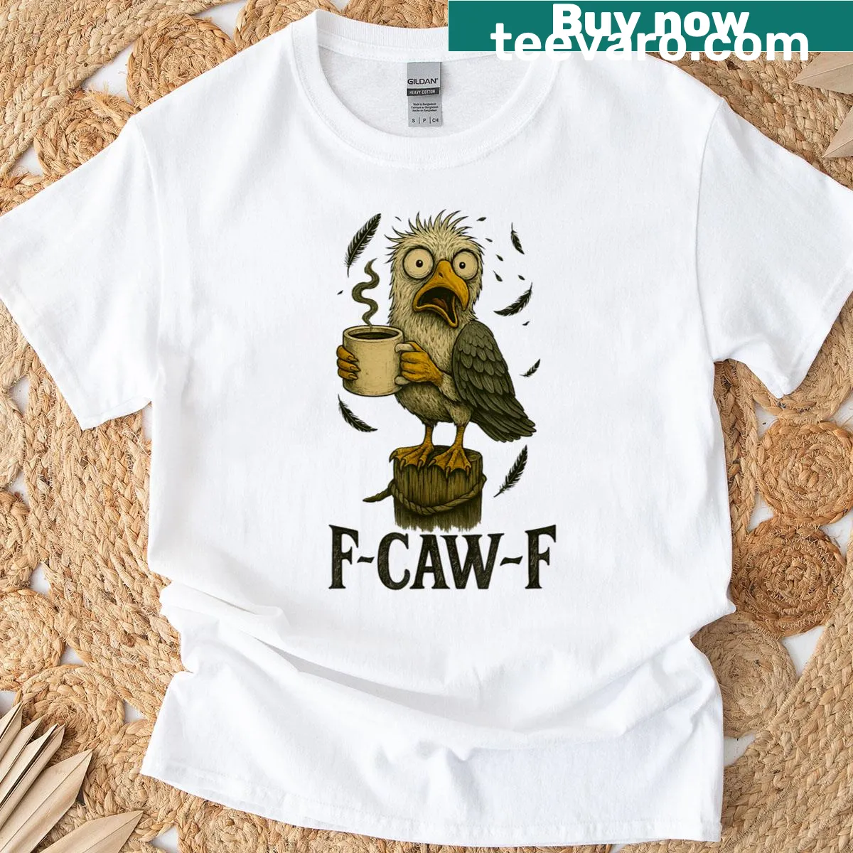 Vintage cartoon T-shirt of a tired seagull drinking coffee — on a men's t-shirt