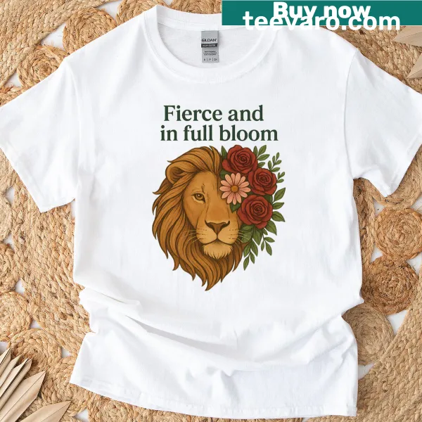 Artistic T-shirt featuring a fierce lion intertwined with floral designs
