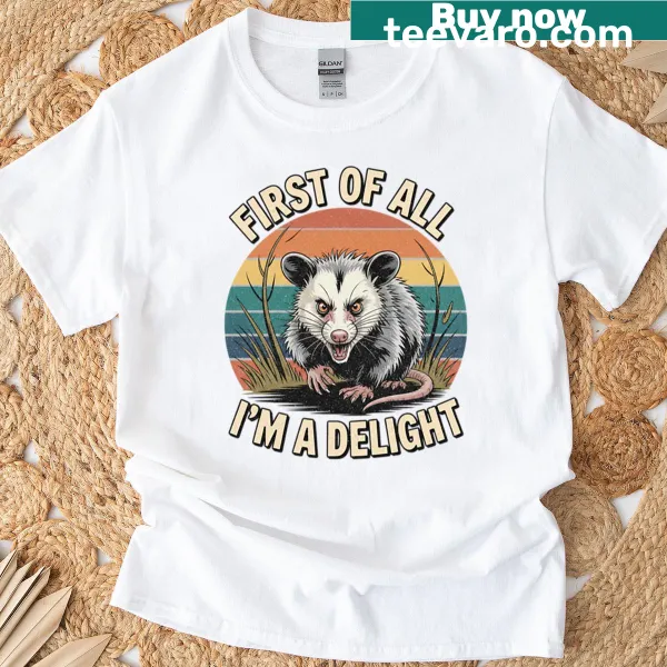 Retro opossum design with sunset background