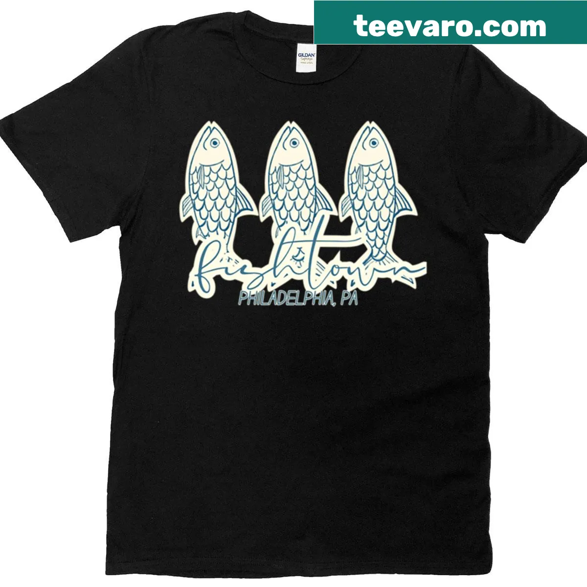 Vintage-style t-shirt featuring Fishtown Philadelphia graphic — on a men's t-shirt