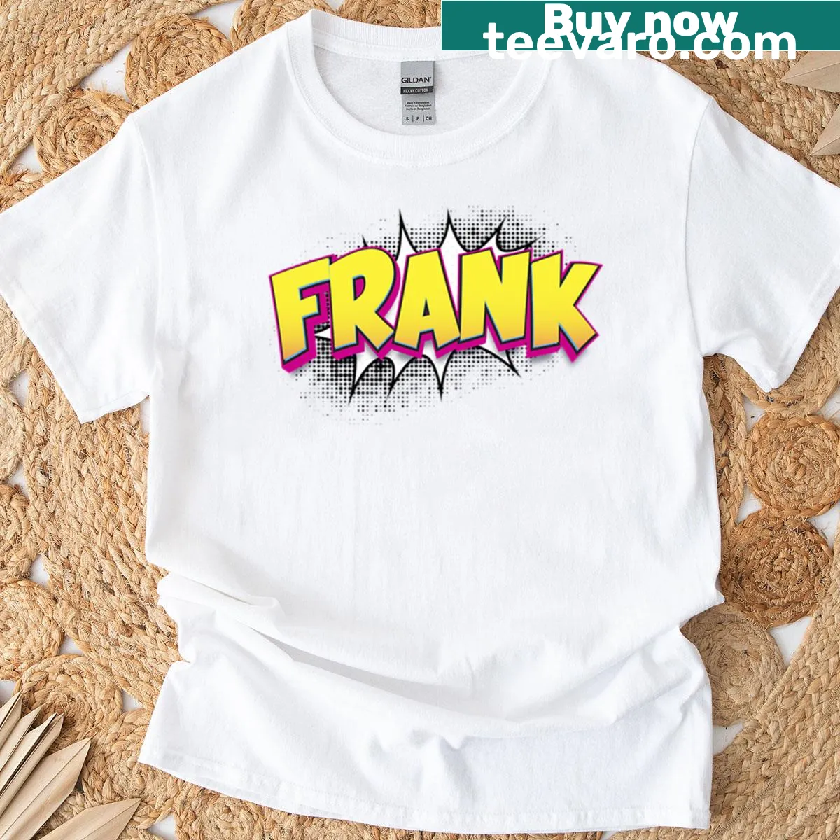 Comic book style shirt featuring the name Frank — on a men's t-shirt