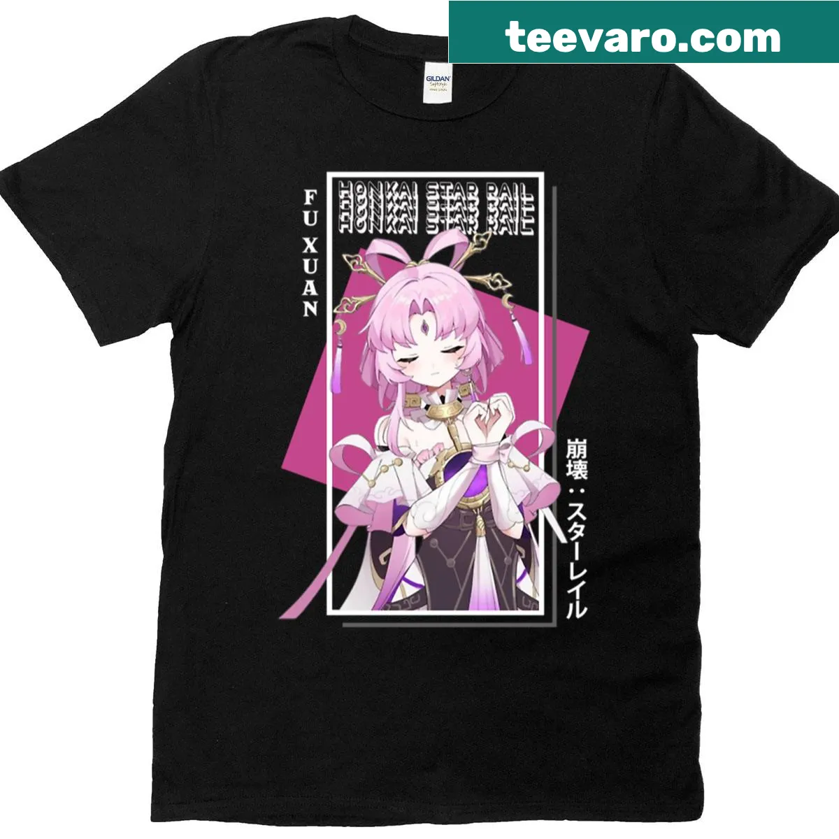 Artistic Fu Xuan graphic from Honkai Star Rail on T-shirt — on a men's t-shirt