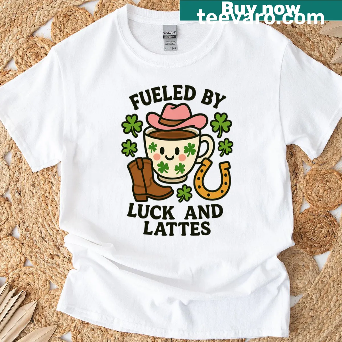 Cute St. Patrick's Day cowgirl t-shirt with coffee and shamrock illustration — on a men's t-shirt