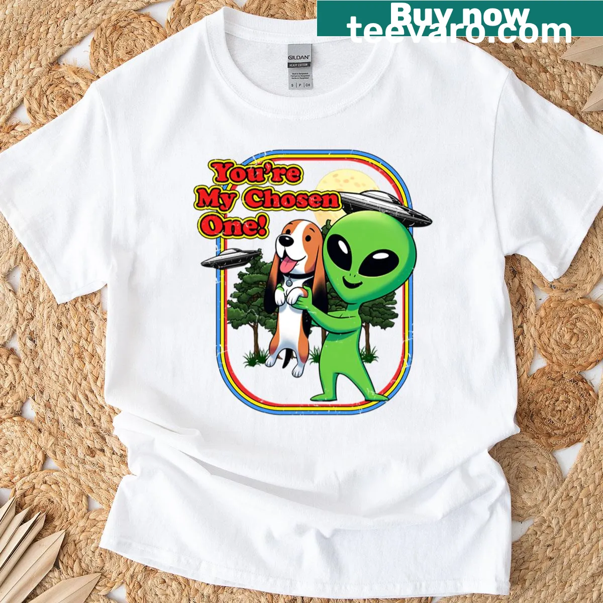 Cartoon Bassador dog as alien with tagline on t-shirt — on a men's t-shirt